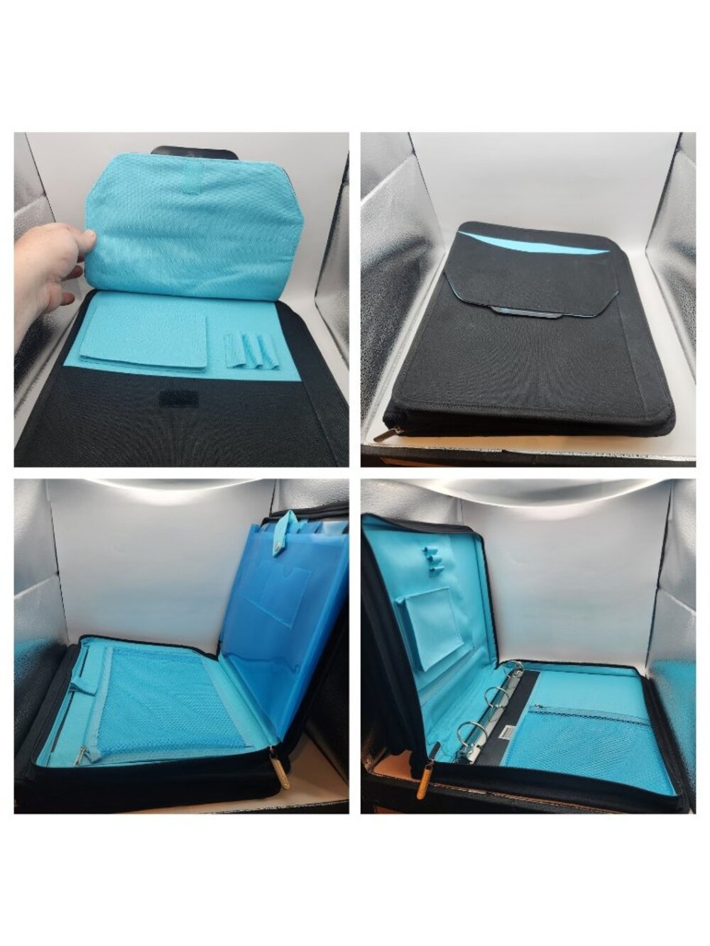 Black & Teal Expandable 3 Ring Binder Multi Pockets File Folder NEW Quality Zip